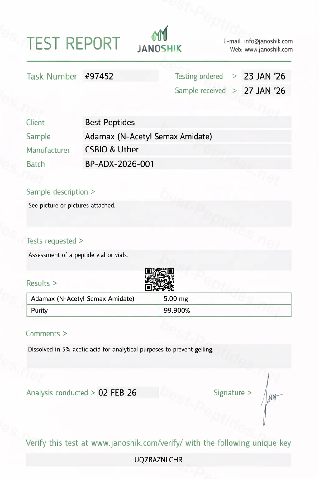 Certificate of Analysis - Adamax (N-Acetyl Semax Amidate)