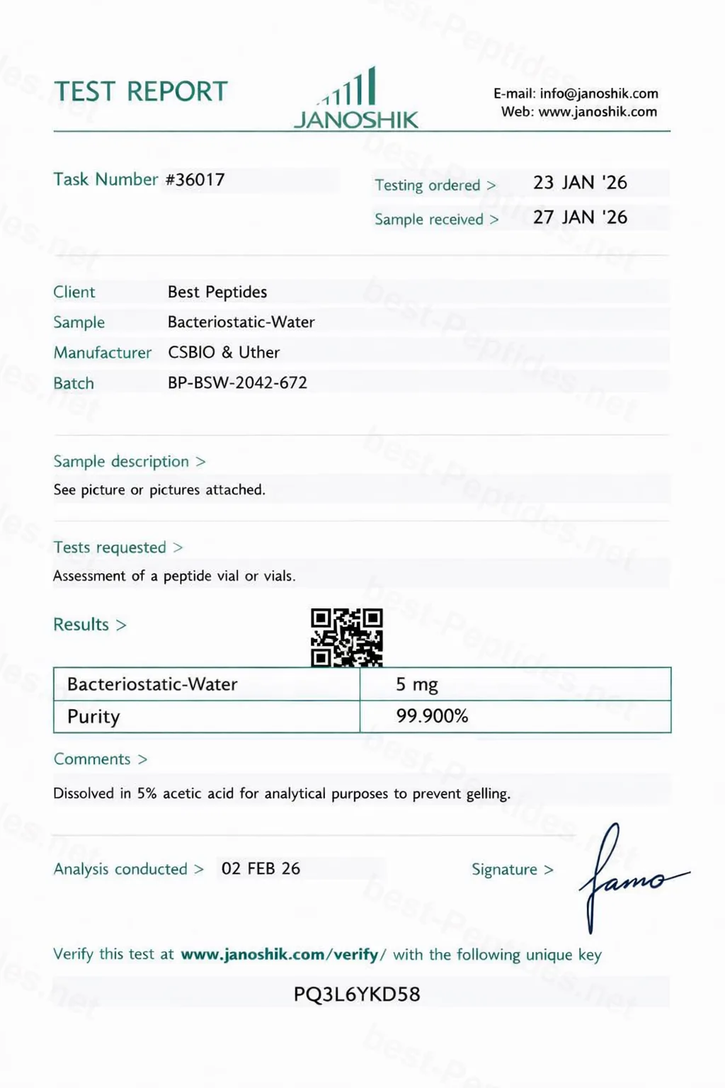 Certificate of Analysis - Bacteriostatic Water