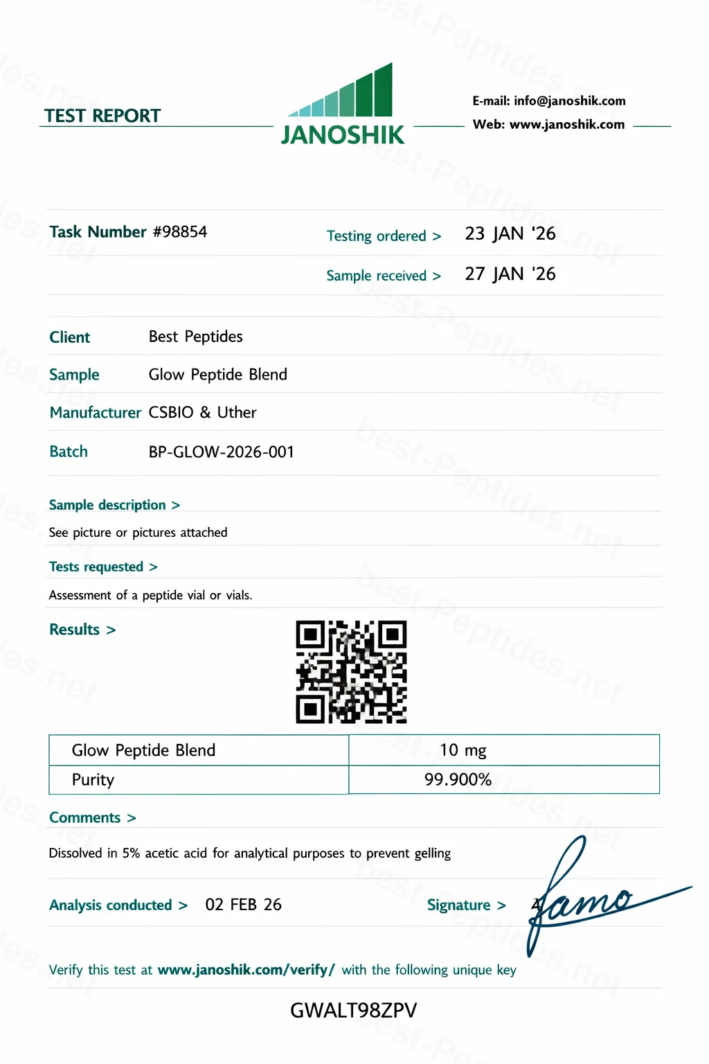 Certificate of Analysis - Glow Peptide Blend