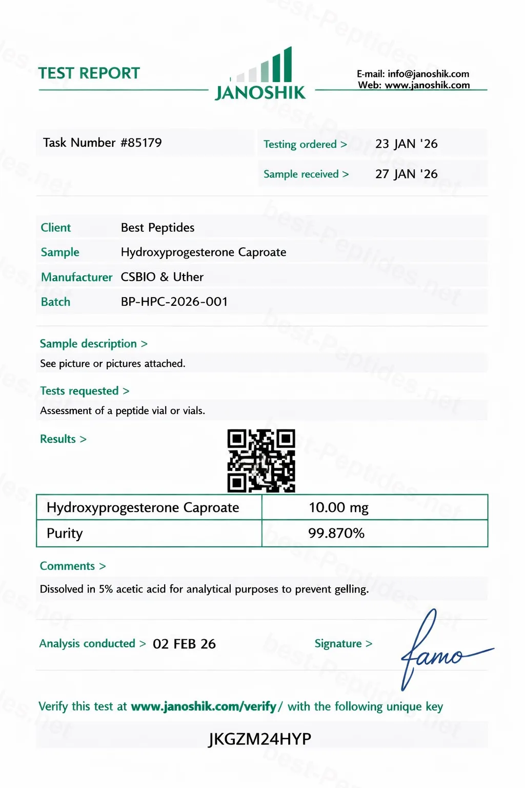 Certificate of Analysis - Hydroxyprogesterone Caproate