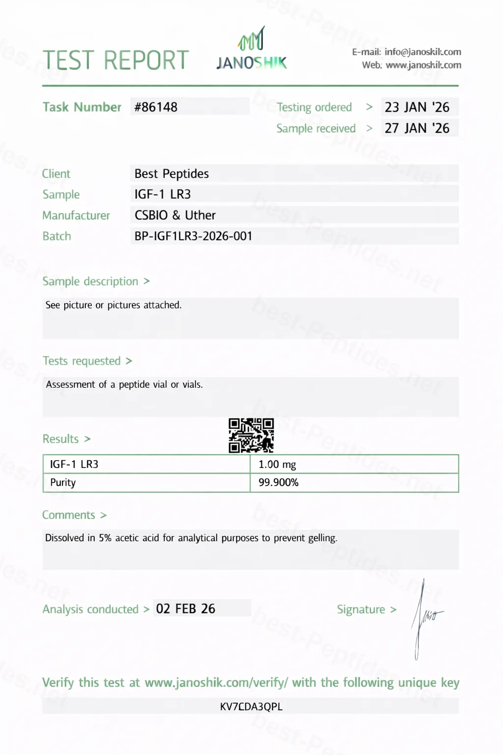 Certificate of Analysis - IGF-1 LR3