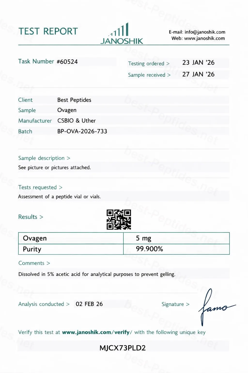 Certificate of Analysis - Ovagen