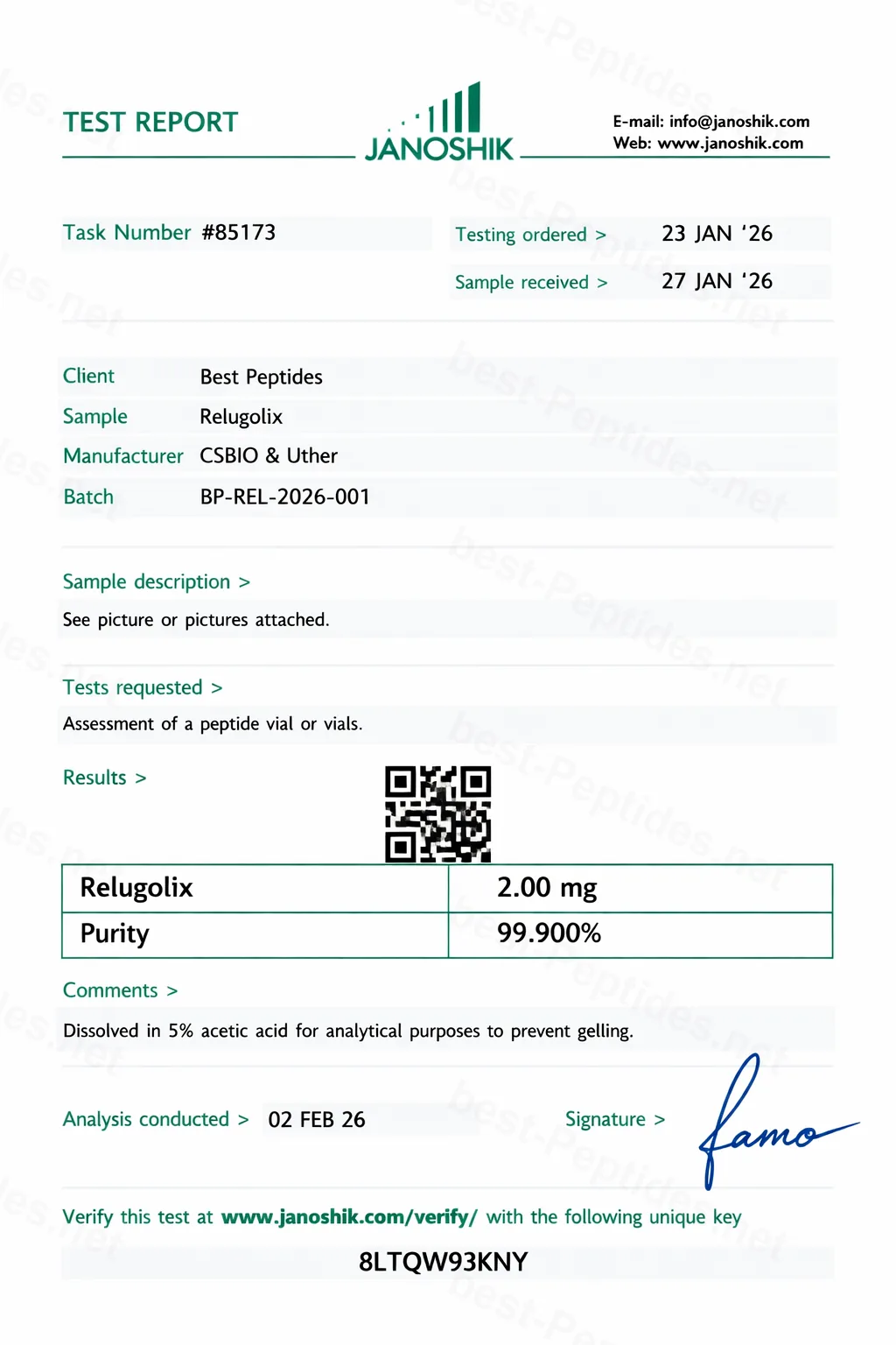 Certificate of Analysis - Relugolix