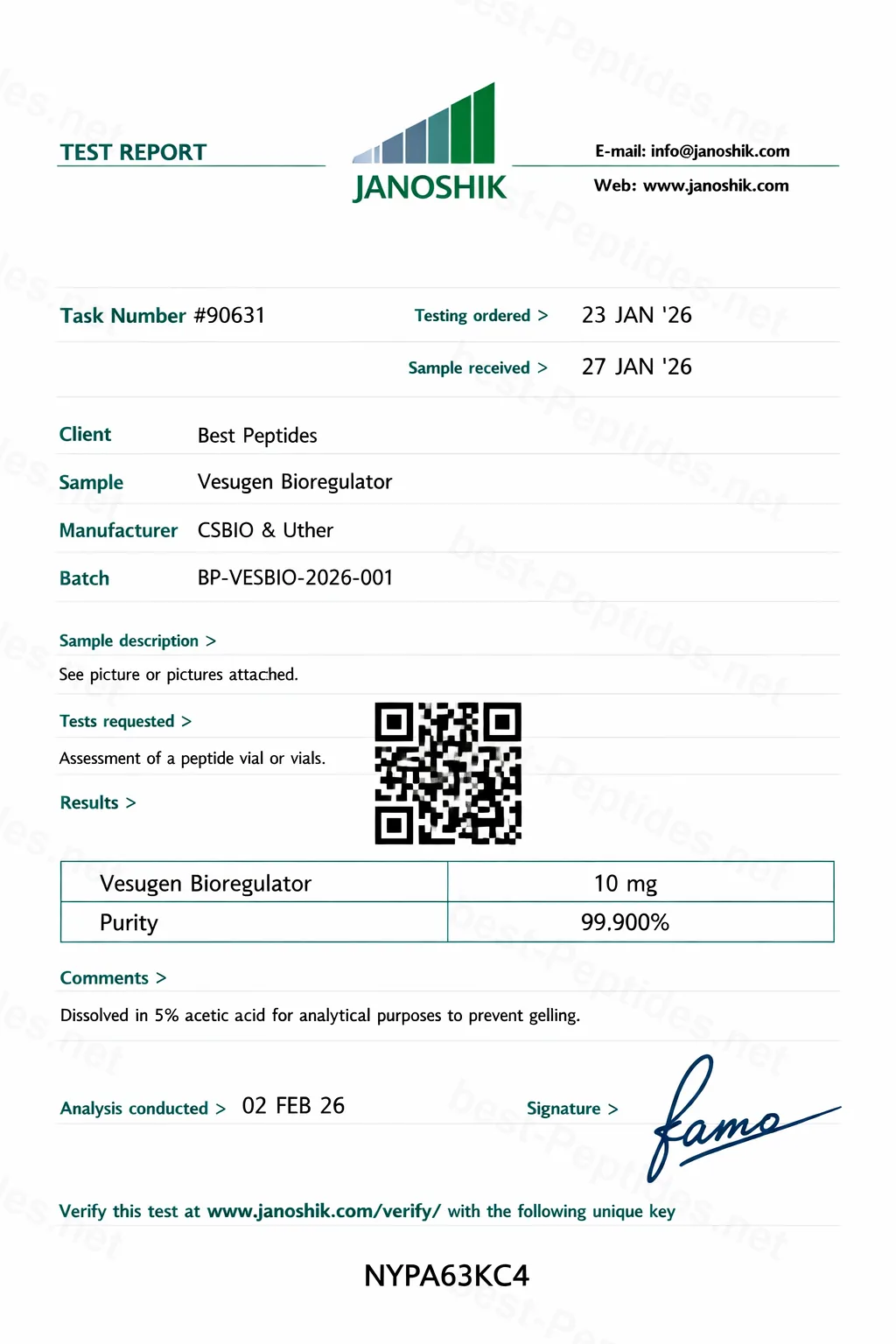 Certificate of Analysis - Vesugen Bioregulator