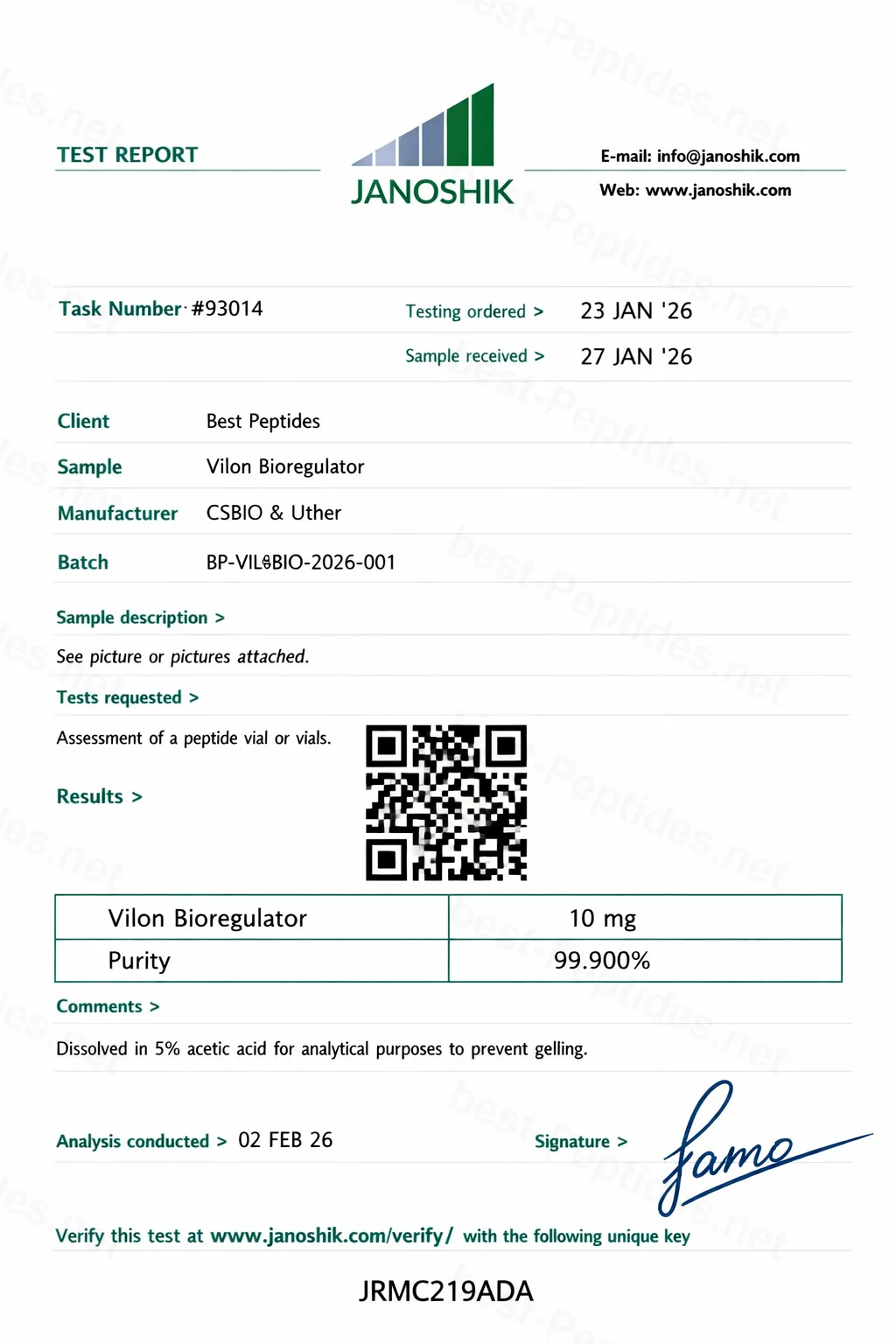 Certificate of Analysis - Vilon Bioregulator